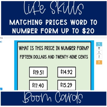 Preview of Life Skills Matching Price Points Word To Number Form Up to $20 Boom Cards