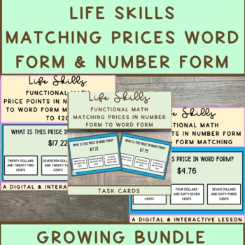 Preview of Life Skills Matching Prices Word and Number Form GROWING BUNDLE