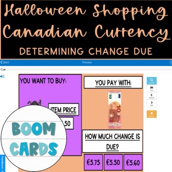 Preview of Life Skills Math Halloween Shop EURO Determining Change LVL 1 Boom Cards