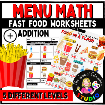 Preview of Life Skills Math Special Education menu addition Money centers differentiation