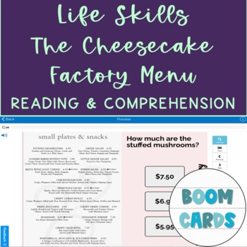 Preview of Life Skills Menu Functional Reading & Comprehension Boom Card Activity 2
