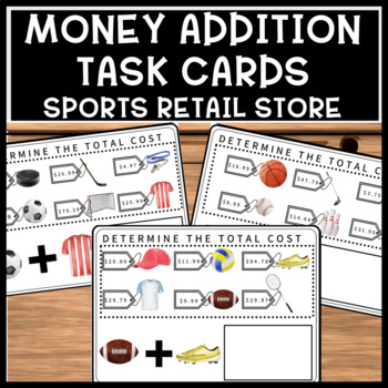 Preview of Life Skills Money Addition Task Cards for Math Centers Sports Retail Store Items