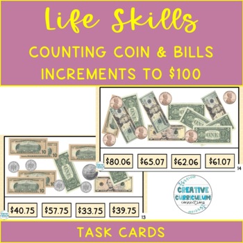 Preview of Life Skills Money Counting Bill & Coin Combos Up To $100 Task Cards