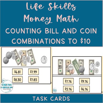 Preview of Life Skills Money Math Counting Bill & Coin Combinations Up To $10 Task Cards
