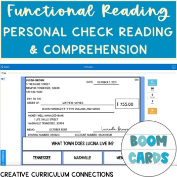 Preview of Life Skills Personal Check Reading & Comprehension Array of 3 Boom Cards
