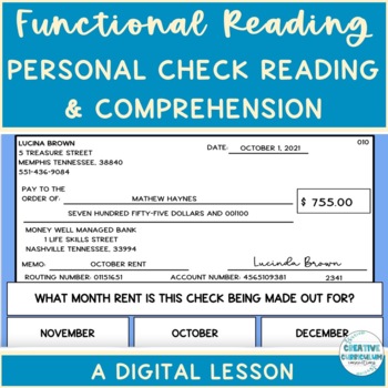 Preview of Life Skills Personal Check Reading & Comprehension Array of 3 Digital