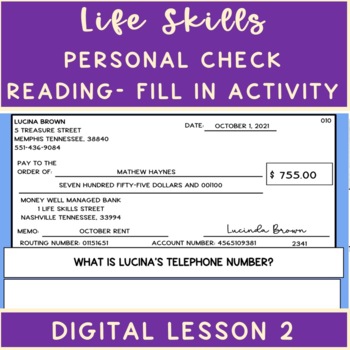 Preview of Life Skills Personal Check Reading & Comprehension Fill In Digital Lesson 2
