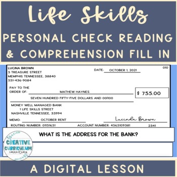 Preview of Life Skills Personal Check Reading & Comprehension Fill In Digital Lesson