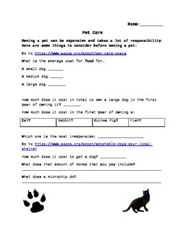 Preview of Life Skills: Pet Care/Responsibilities Internet Scavenger Hunt