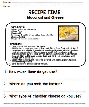 life skills recipe comprehension cooking special education unit