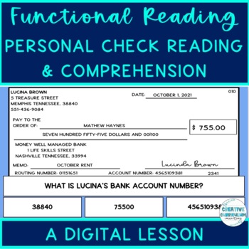 Preview of Life Skills Personal Check Reading & Comprehension Array of 3 Digital