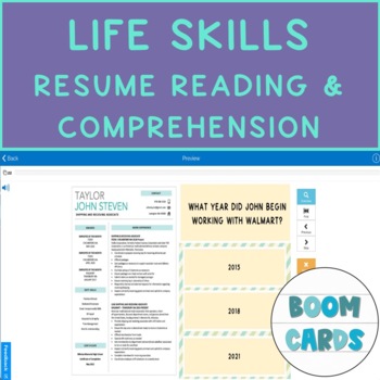 Preview of Life Skills Resume Reading & Comprehension Array of 3 Boom Cards