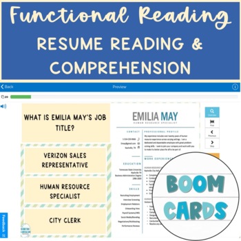 Preview of Life Skills Resume Reading & Comprehension Array of 3 Boom Cards