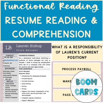 Preview of Life Skills Resume Reading & Comprehension Array of 3 Boom Cards
