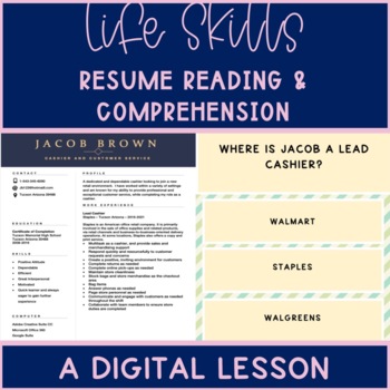 Preview of Life Skills Resume Reading & Comprehension Array of 3 Digital Lesson