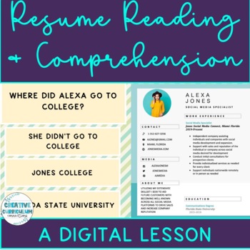 Preview of Life Skills Resume Reading & Comprehension Array of 3 Digital Lesson