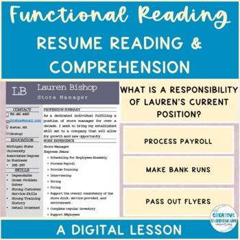 Preview of Life Skills Resume Reading & Comprehension Array of 3 Digital Lesson