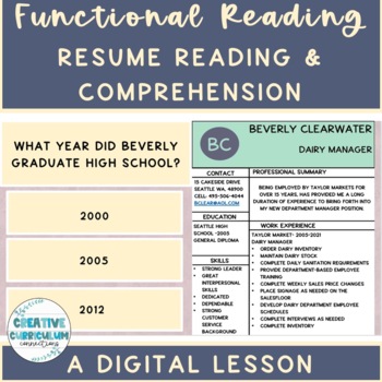 Preview of Life Skills Resume Reading & Comprehension Array of 3 Digital Lesson