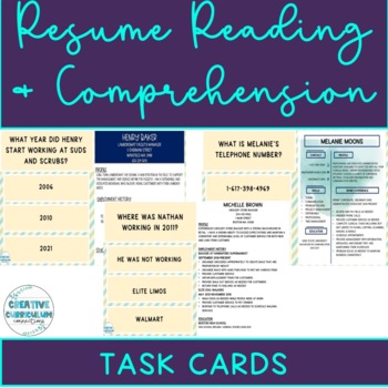 Preview of Life Skills Resume Reading & Comprehension Array of 3 Task Cards 2