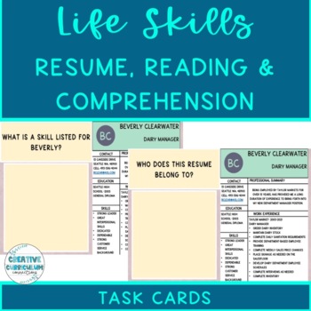 Preview of Life Skills Resume Reading & Comprehension Array of 3 Task Cards Fill In LV 2