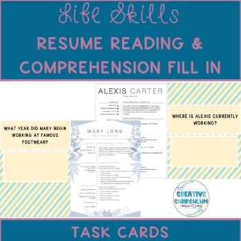 Preview of Life Skills Resume Reading & Comprehension Fill In Task Cards