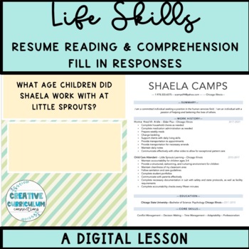 Preview of Life Skills Resume Reading & Comprehension Fill in Responses Digital Lesson