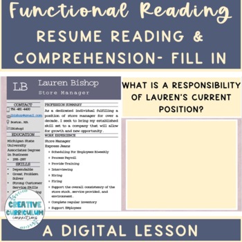 Preview of Life Skills Resume Reading & Comprehension Fill in Responses Digital Lesson