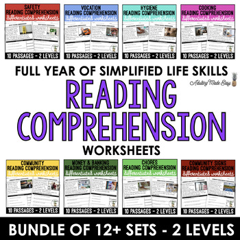 Preview of Life Skills Simplified Reading Comprehension Worksheet BUNDLE