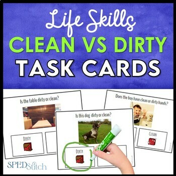Preview of Life Skills Task Cards - Clean or Dirty? Sorting for Autism SPED Classroom