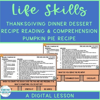 Preview of Life Skills Thanksgiving Dessert Recipe Reading & Comp Task Cards LVL 1