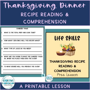 Preview of Life Skills Thanksgiving Dinner Appetizer Recipe Reading & Comp Worksheet