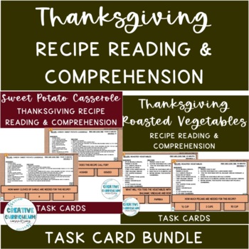 Preview of Life Skills Thanksgiving Dinner Recipe Reading & Comp Task Cards GROWING BUNDLE