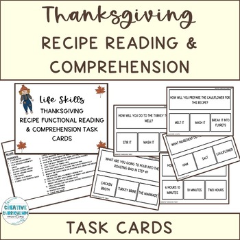 Preview of Life Skills Thanksgiving Dishes Recipe Reading & Comprehension Task Cards