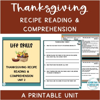 Preview of Life Skills Thanksgiving Recipe Reading & Comprehension Printable Unit 2