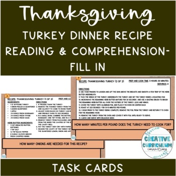 Preview of Life Skills Thanksgiving Turkey Dinner Recipe Reading & Comp Fill In Task Cards
