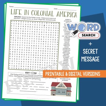 Preview of Life in Colonial America Word Search Puzzle Activity Vocabulary Worksheet