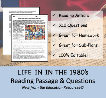 Preview of Life in the 1980's - Reading  Comprehension Passage & Questions