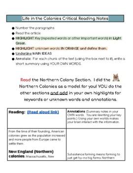 Life in the American Colonies: Teaching Critical Reading and Annotations