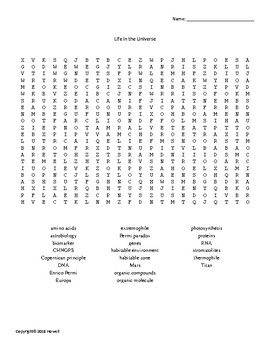 Life in the Universe Vocabulary Word Search for Astronomy Students