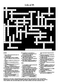 Life of Pi (Novel) Crossword Puzzle by M Walsh TPT