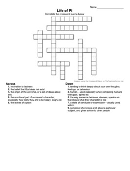 Life of Pi Crossword Puzzle Chapter One Vocabulary by Home School Professor