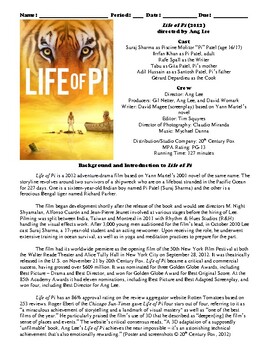 Preview of Life of Pi Film (2012) Study Guide Movie Packet