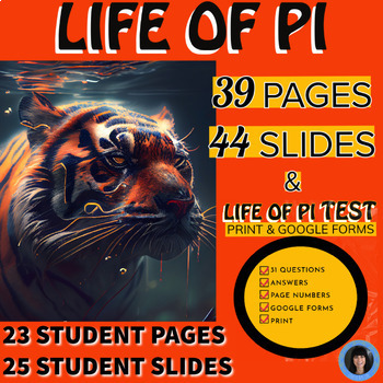 Preview of Life of Pi reading comprehension, Slides, Forms, teacher notes, detailed answers