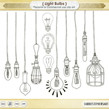 Preview of Dangling Light Bulb ClipArt, Bright Ideas Black Line Art, Edison Bulb Images
