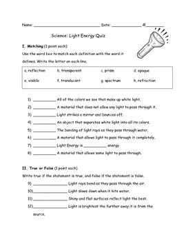 light energy quiz by reading in the middle grades tpt