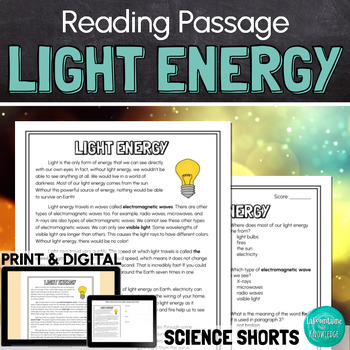 Preview of Light Energy Reading Comprehension Passage PRINT and DIGITAL