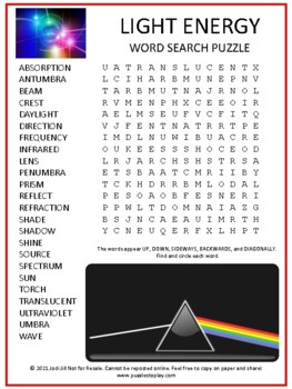 Preview of Light Energy Science Word Search Puzzle | Game Activity Worksheet