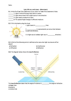 Preview of Light, Mirrors, and Lenses - Worksheet | Easel Activity & Printable PDF