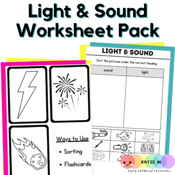 Preview of Light & Sound Worksheet Pack - Science - Flashcards - Color/Cut, Sorting