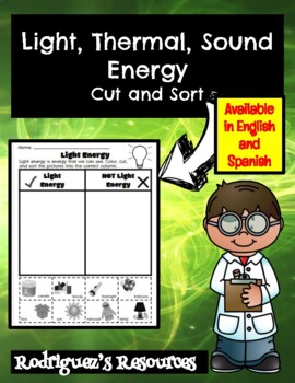 Preview of Light, Thermal, Sound Energy - Cut and Sort (English and Spanish)